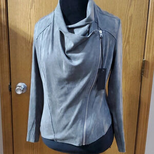 Blank NYC silver grey stretch sueded cowl neck moto jacket